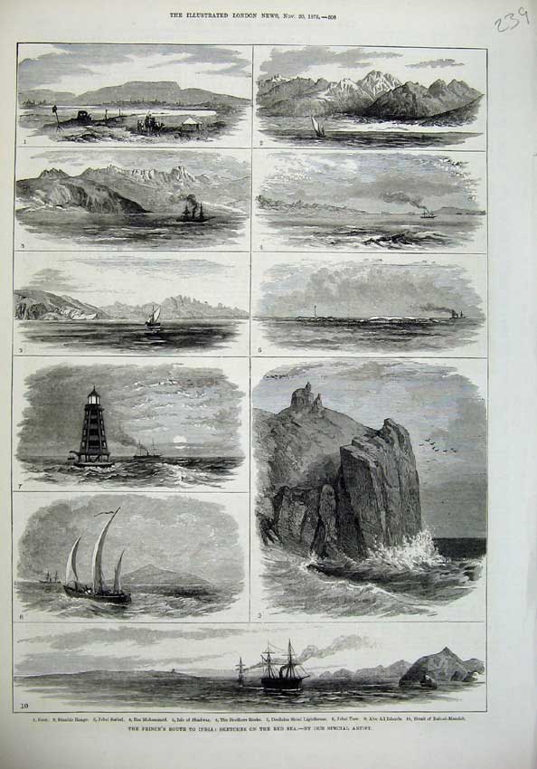 Old Antique Print 1875 Red Sea Suez Shadawar Lighthouse Ship Abu Ali Rock 19th