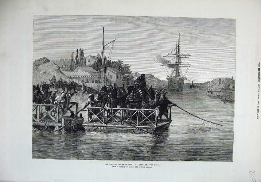 Old Antique Print 1875 Fine Art El Kantara Suez Canal Camels Sailing Ship 19th