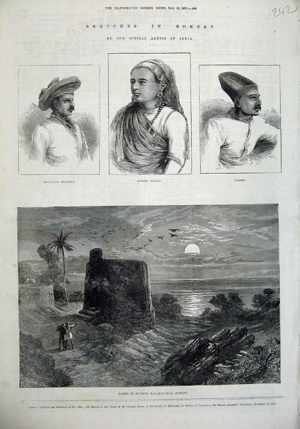 Old Antique Print Bombay 1875 Tower Silence Malabar Hill Parsee Brahmin 19th