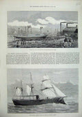 Old Antique Print 1875 Ship Launch Tourmaline Magenta French Iron Toulon 19th