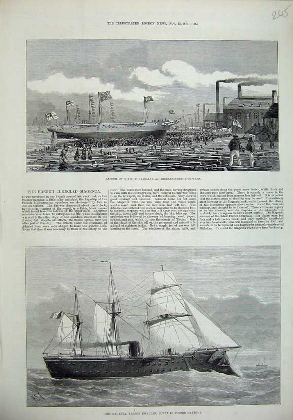 Old Antique Print 1875 Ship Launch Tourmaline Magenta French Iron Toulon 19th