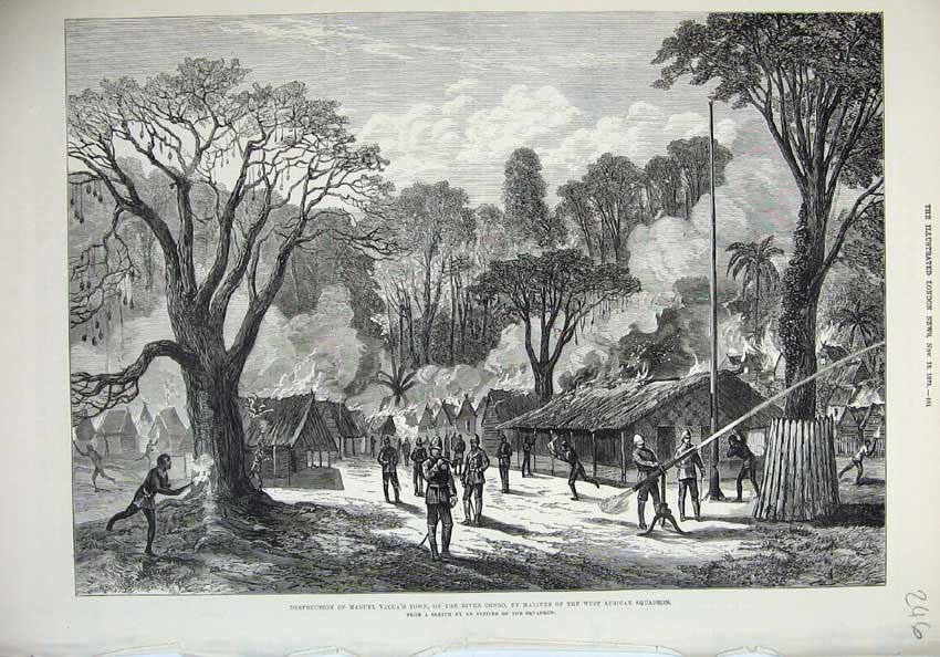 Old Antique Print Fine Art 1875 Manuel Vacca Town River Congo Africa War 19th