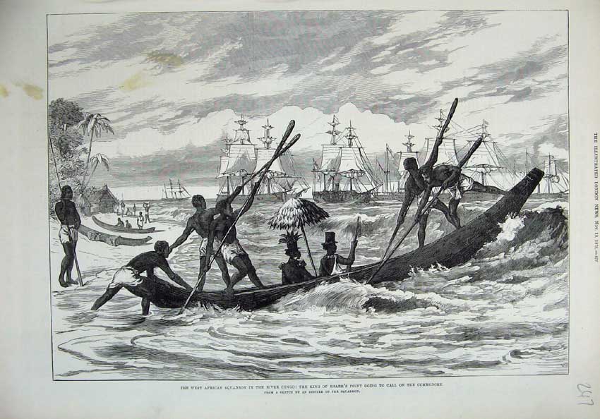 Old Antique Print 1875 African Squadron River Congo King Shark Boat Ship 19th