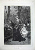Original Old Antique Print 1875 Fine Art Women Children Garden Jardin Marraine