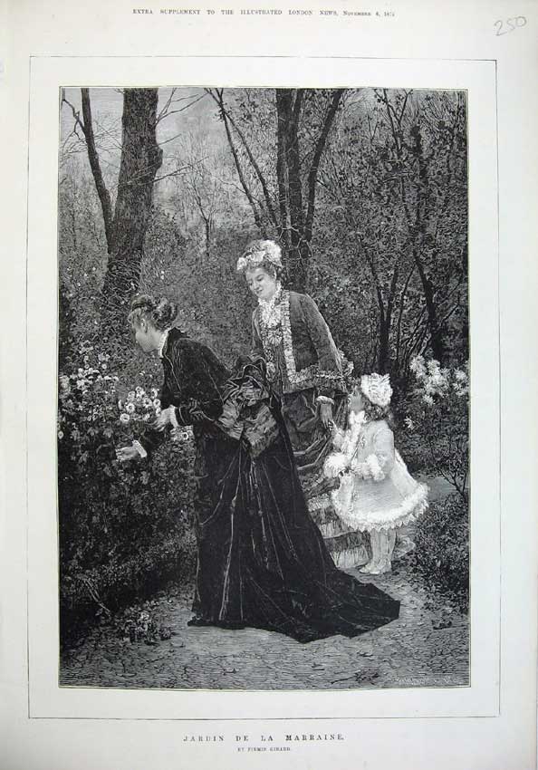 Original Old Antique Print 1875 Fine Art Women Children Garden Jardin Marraine