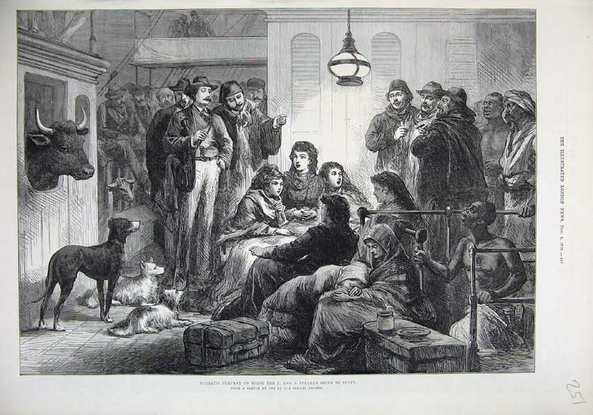 Original Old Antique Print 1875 Operatic Company Ship P And O Steamer Egypt