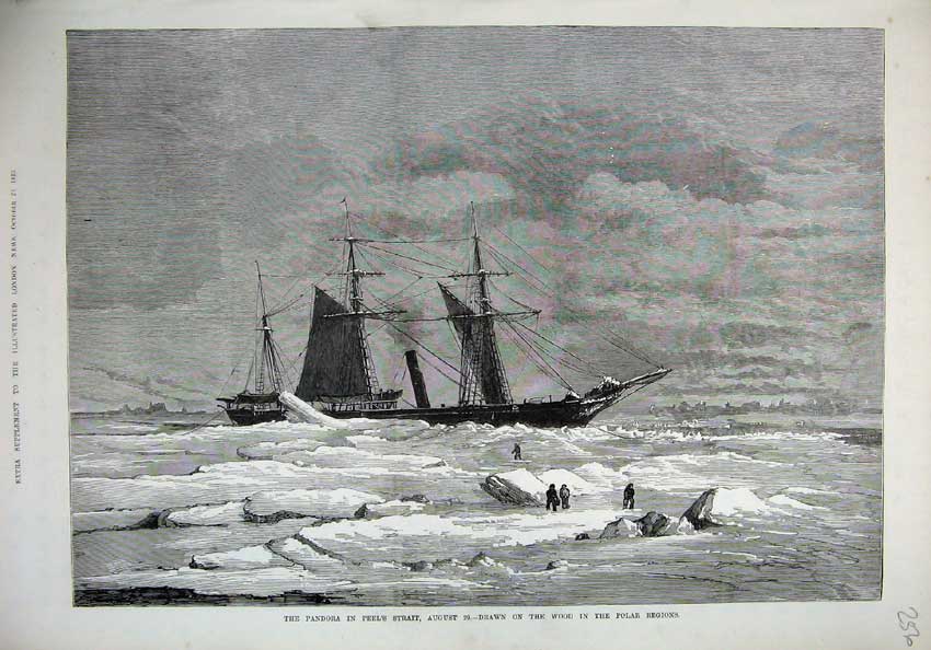 Old Antique Print 1875 Ship Pandora Peel'S Strait Polar Regions Ice-Bergs 19th