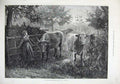 Original Old Antique Print 1875 Fine Art Country Cows Young Girl Gate Trees