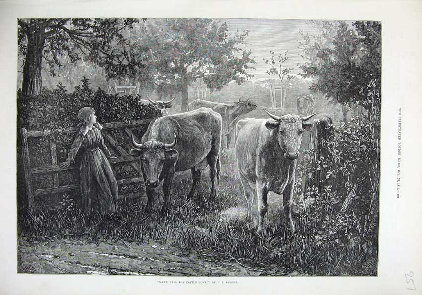 Original Old Antique Print 1875 Fine Art Country Cows Young Girl Gate Trees