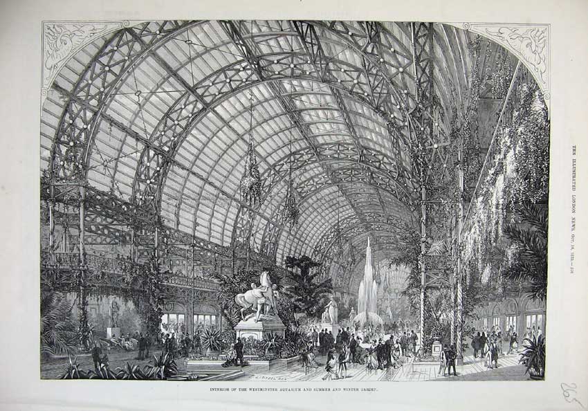 Original Old Antique Print 1875 Interior Westminster Aquarium Winter Garden Art