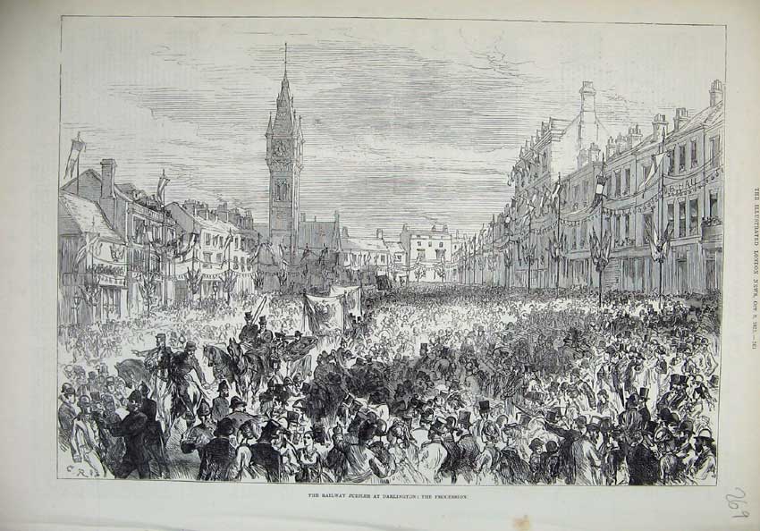 Original Old Antique Print 1875 Railway Jubilee Darlington Street Procession