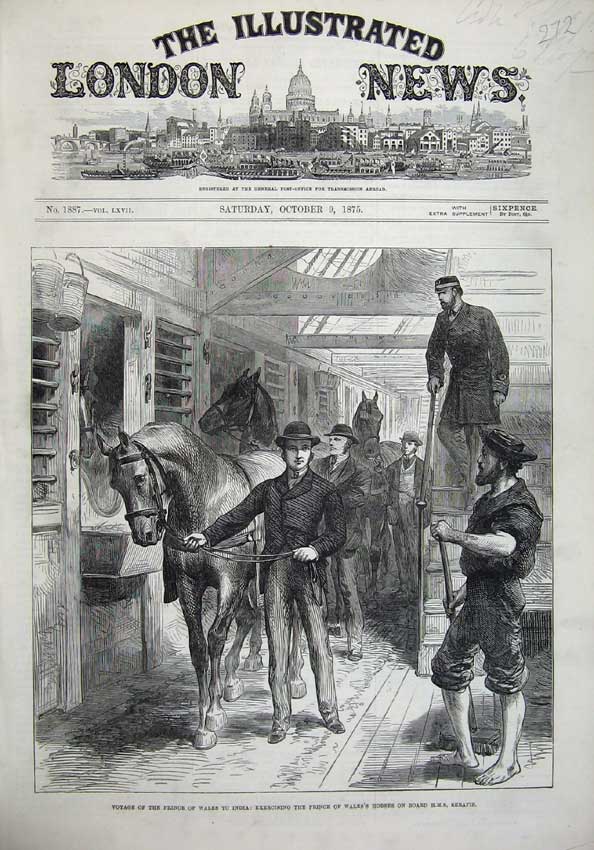 Old Antique Print 1875 Prince Wales India Horses Board H.M.S Ship Serapis 19th