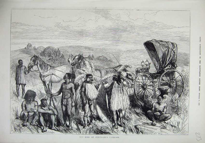 Original Old Antique Print 1875 King Zululands Carriage Horses Natives 19th