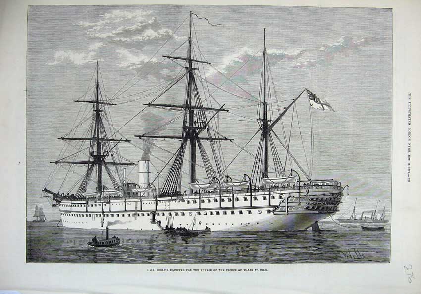 Old Antique Print 1875 H.M.S Ship Serapis Voyage Prince Wales India Wells 19th