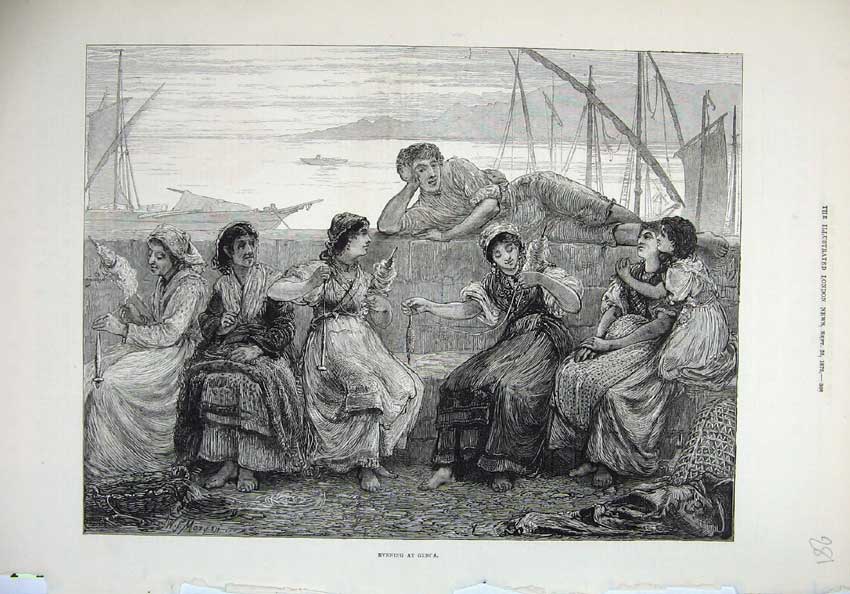 Original Old Antique Print 1875 Women Men Evening Genca Spinning Wool Sea View