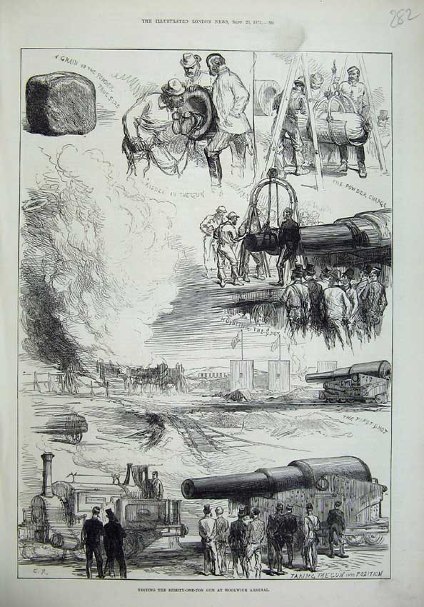 Original Old Antique Print 1875 Testing Eighty-One-Ton Gun Woolwich Arsenal War
