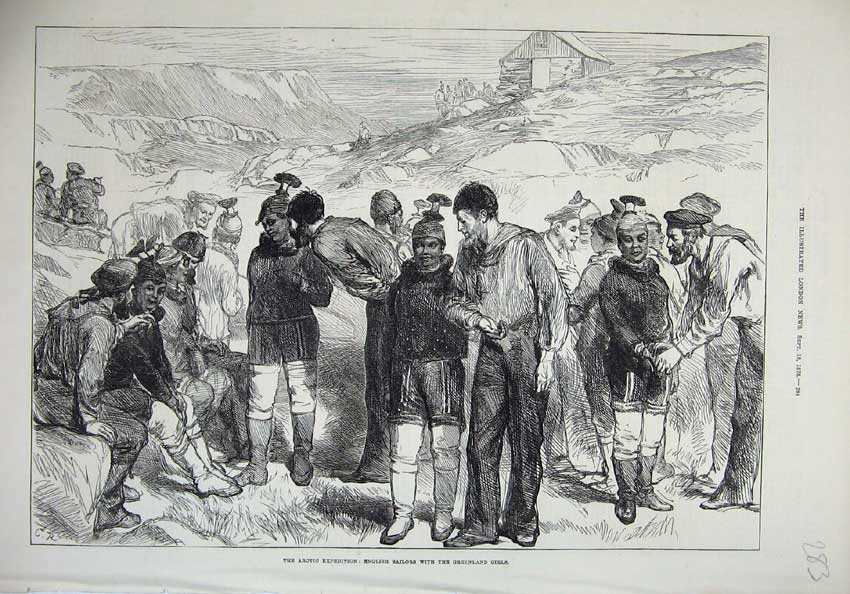 Old Antique Print 1875 Arctic Expedition English Sailors Greenland Girls 19th