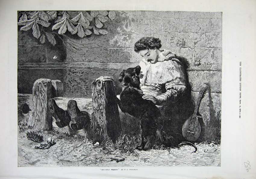 Original Old Antique Print 1875 Fine Art Man Feet Stocks Puppy Dog Dollman 19th