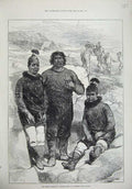 Original Old Antique Print 1875 Arctic Expedition Greenlanders Godhaven Island