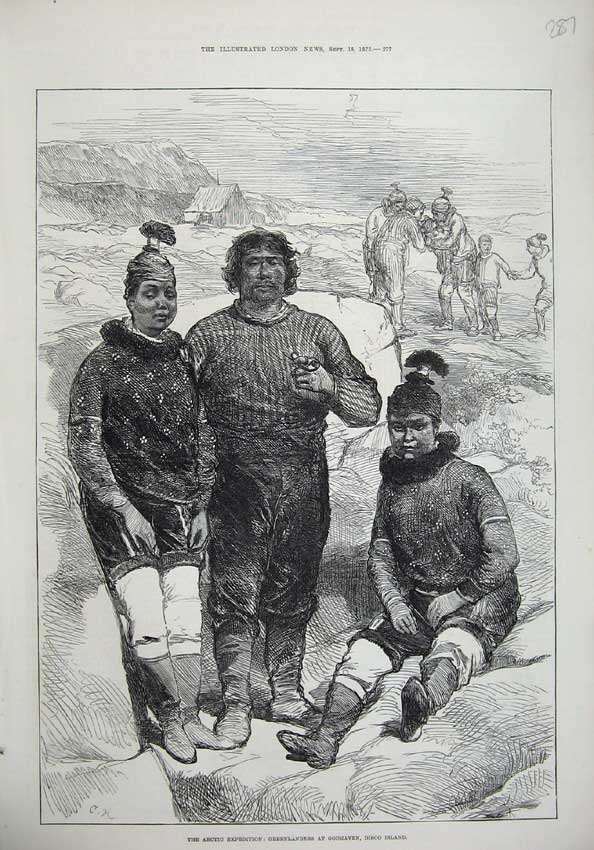 Original Old Antique Print 1875 Arctic Expedition Greenlanders Godhaven Island