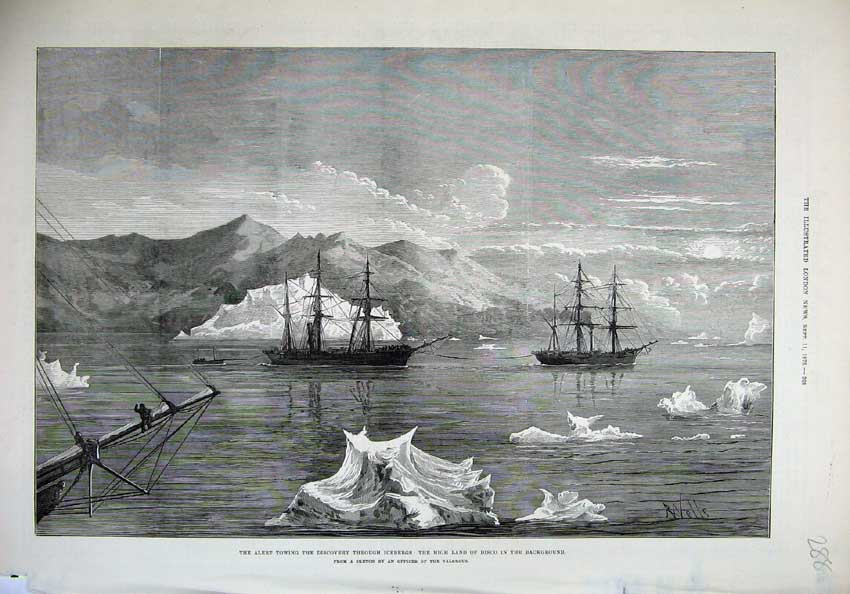 Old Antique Print 1875 Ship Alert Discovery Icebergs Island Disco Wells 19th