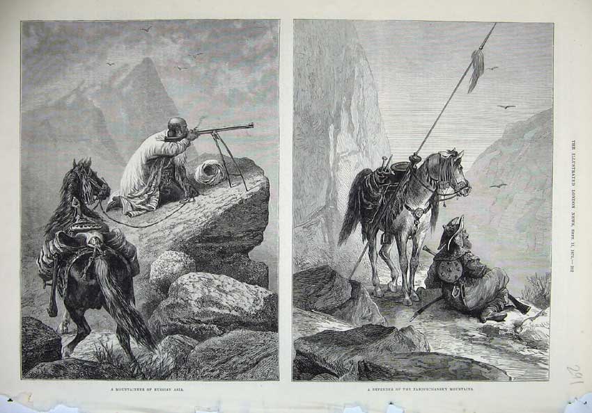 Old Antique Print 1875 Mountaineer Russian Asia Zarovschansky Mountains 19th