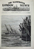 Original Old Antique Print 1875 Sinking H.M.S Vanguard Ship Sea Boats Fine Art