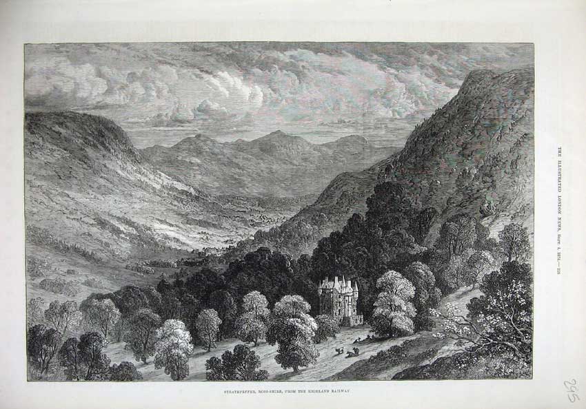 Old Antique Print 1875 Strathpeffer Ross-Shire Castle Mountains Fine Art 19th
