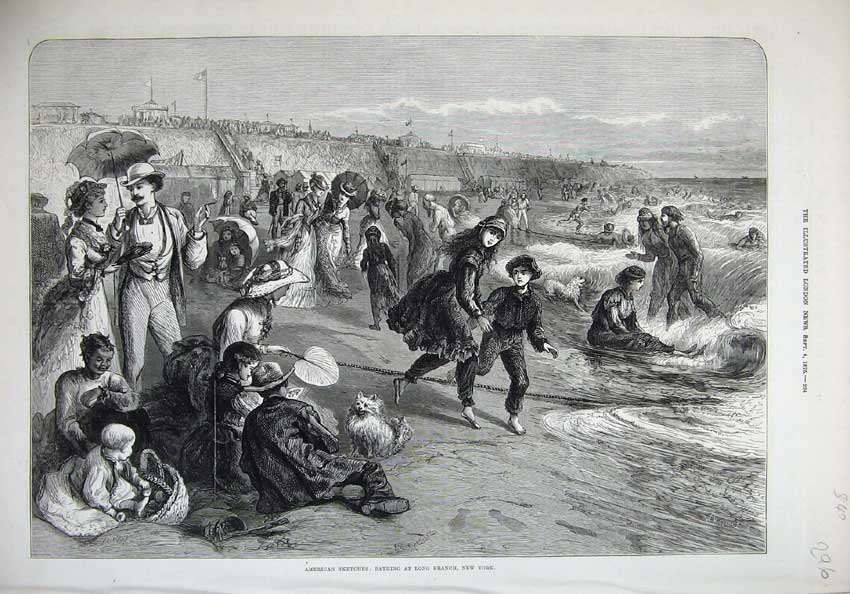 Old Antique Print 1875 American Sketches Bathing Scene Long Branch York 19th