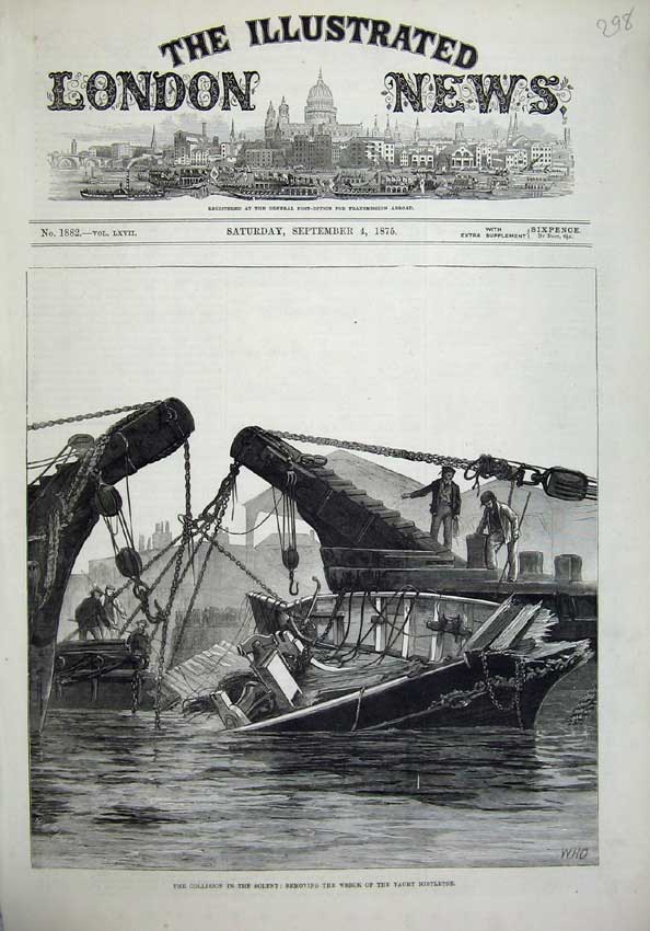Original Old Antique Print 1875 Collision Solent Ship Wreck Yacht Mistletoe Art