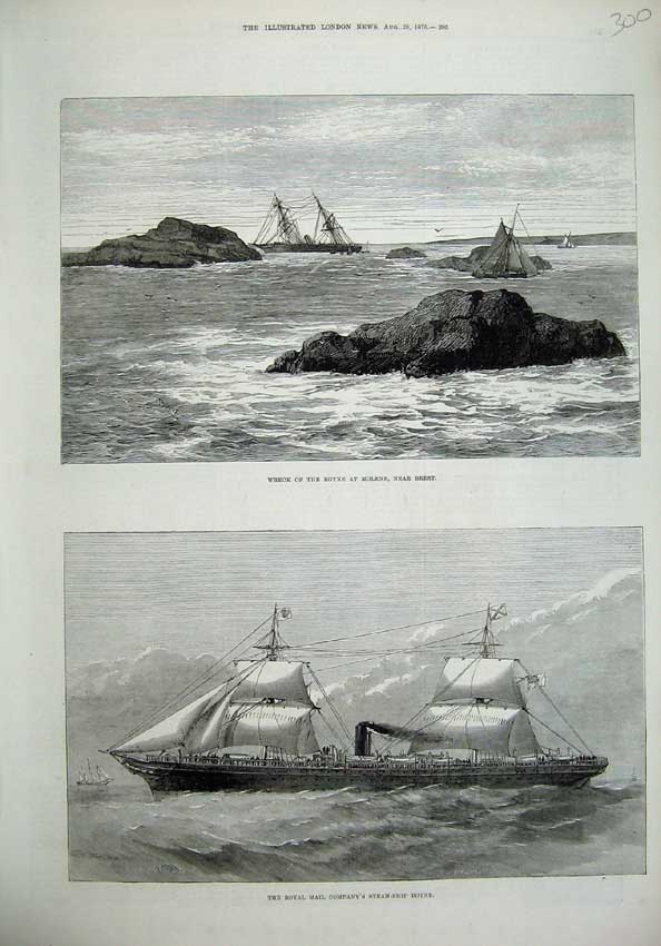 Old Antique Print 1875 Ship Wreck Boyne Molene Brest Royal Mail Steam Sea 19th
