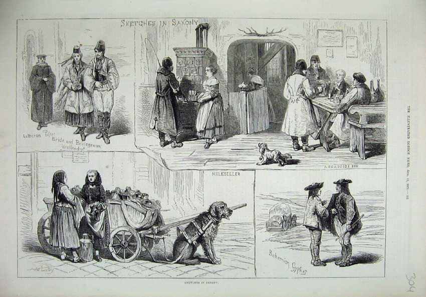 Old Antique Print 1875 Saxony Milkseller Bohemian Gypsies Lutheron Pastor 19th
