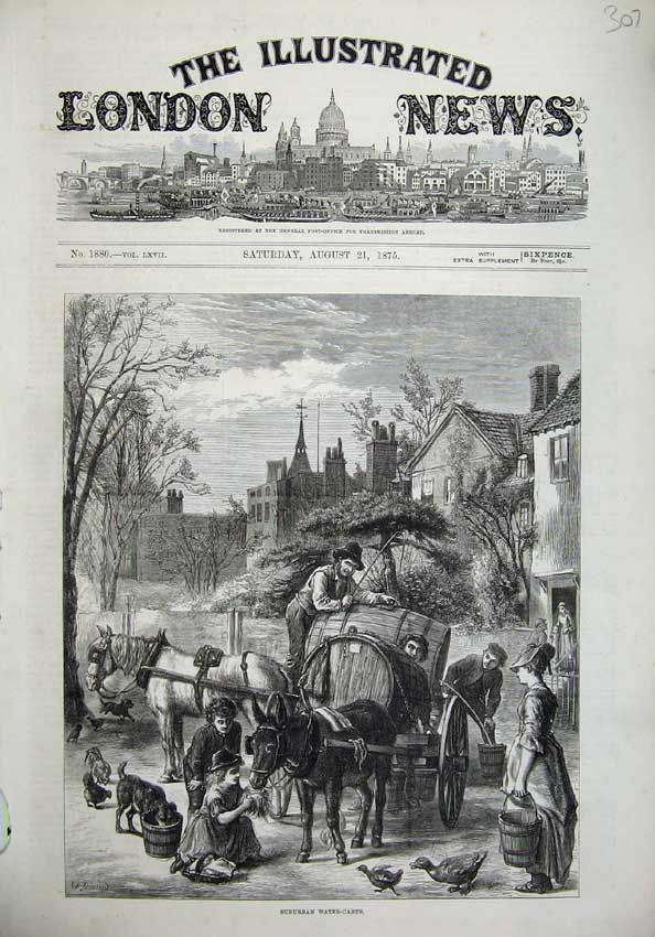Old Antique Print 1875 Fine Art Suburban Water Carts Donkey Horse Ducks 19th
