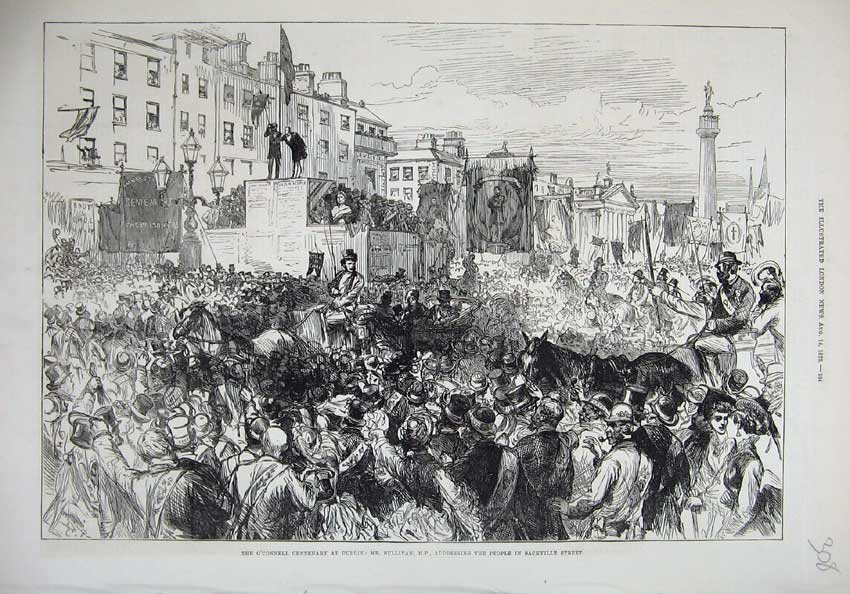 Original Old Antique Print 1875 O'Connel Centenary Dublin Sullivan Sackville