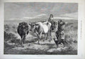 Old Antique Print 1875 Morning Moors Cattle Cows Mother Child Dog Hills 19th