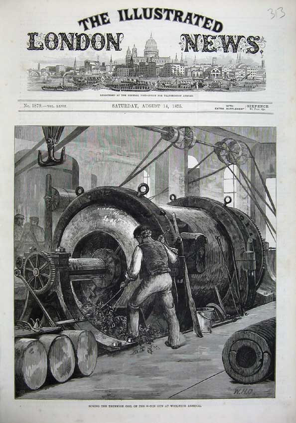 Old Antique Print 1875 Boring Trunnion Coil Gun Woolwich Arsenal Fine Art 19th