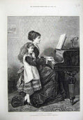Old Antique Print 1875 Fine Art Mother Little Girl Piano Music Kilburne 19th