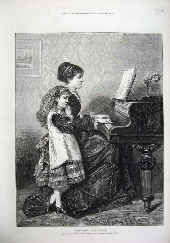Old Antique Print 1875 Fine Art Mother Little Girl Piano Music Kilburne 19th