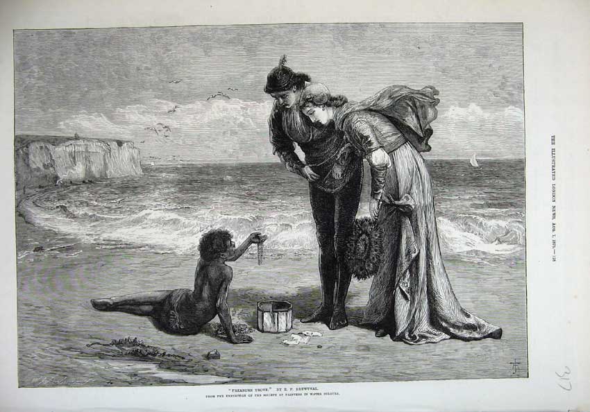 Old Antique Print 1875 Fine Art Treasure Sea Shore Coloured Boy Woman Man 19th