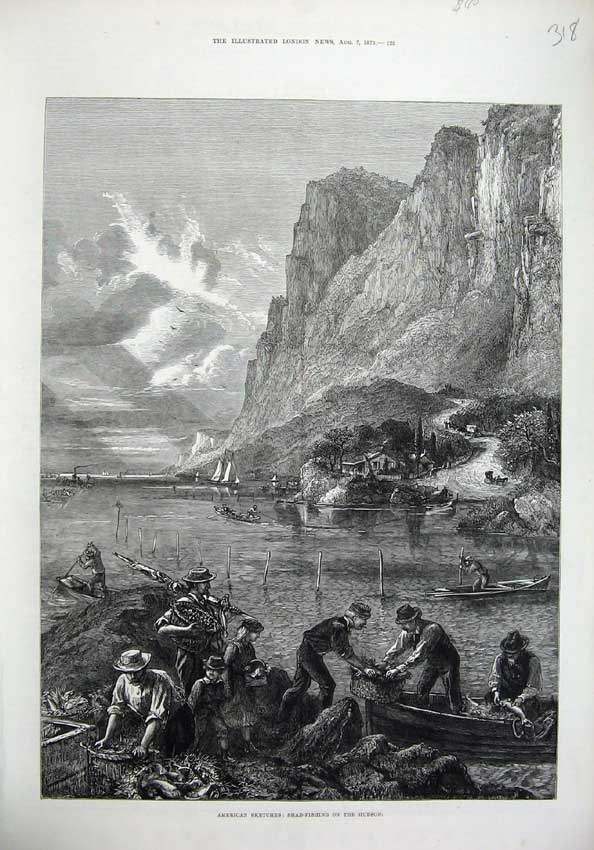 Original Old Antique Print 1875 America Shad Fishing Hudson River Hill Boat Art