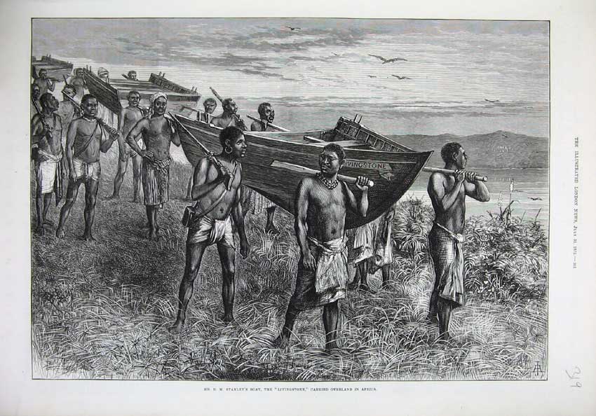 Old Antique Print 1875 Fine Art Stanley Boat Livingstone Africa Natives 19th