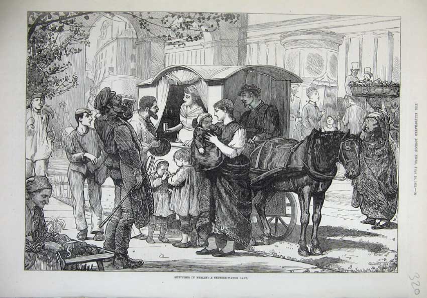 Old Antique Print 1875 Berlin Germany Seltzer Water Cart Horses Fine Art 19th