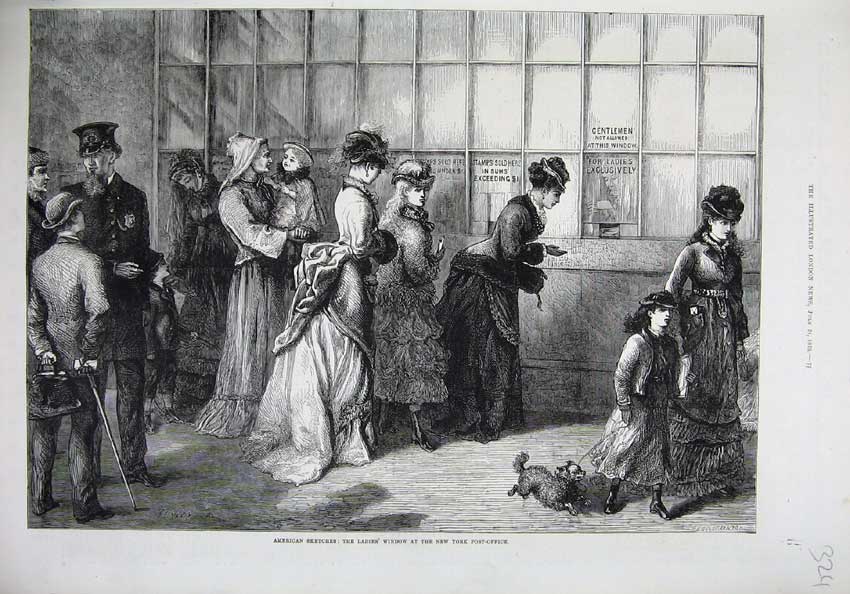Original Old Antique Print 1875 America Ladies Window New York Post Office Art