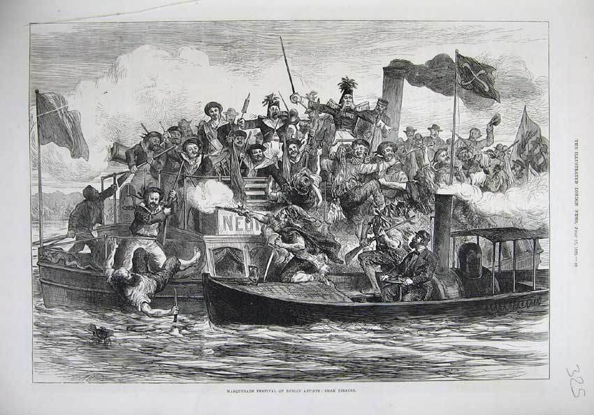 Original Old Antique Print 1875 Masquerade Festival Berlin Germany Sham Pirates