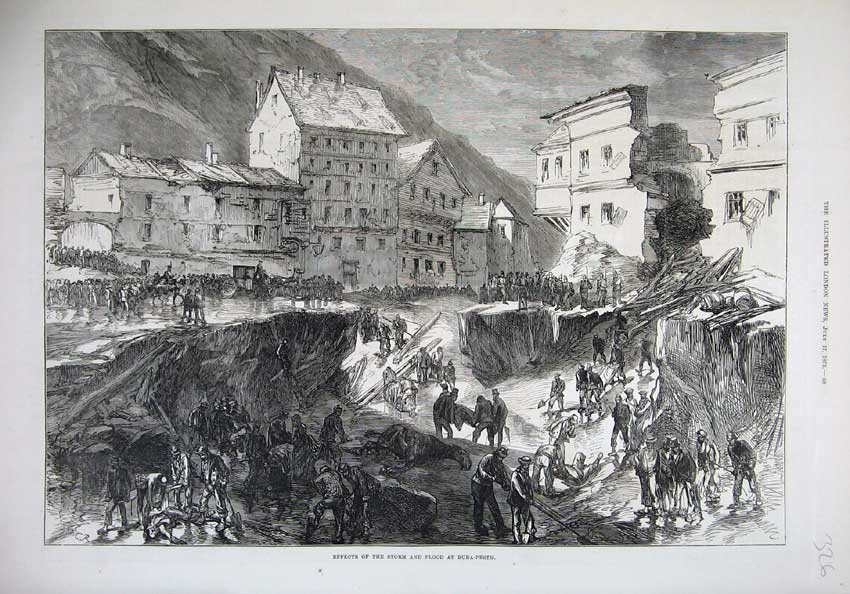 Old Antique Print 1875 Effects Storm Flood Buda-Pesth Buildings Ruins Art 19th