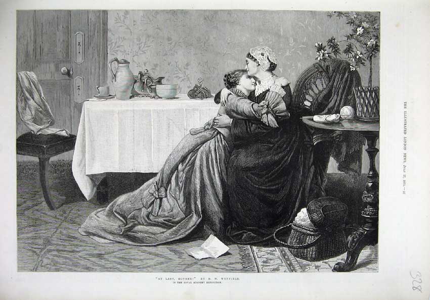 Old Antique Print 1875 Fine Art Mother Daughter Table Tea-Time Wynfield 19th