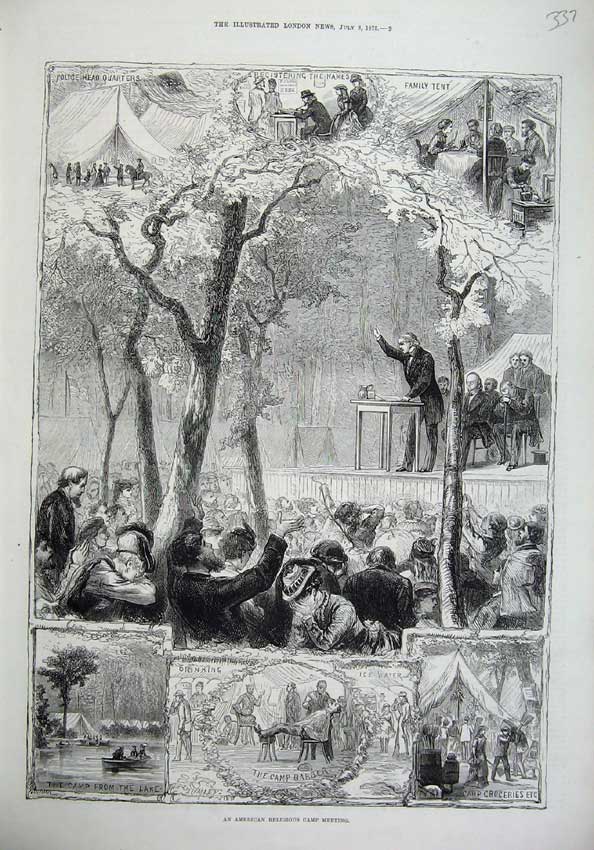 Original Old Antique Print 1875 American Religious Camp Meetings Police Tent