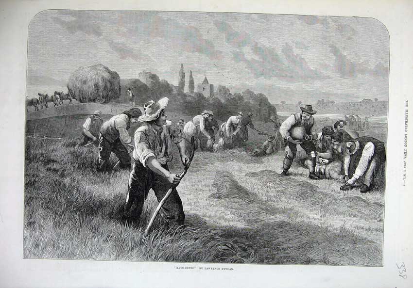 Old Antique Print 1875 Fine Art Country Haymakers Farming Men Horse Cart 19th