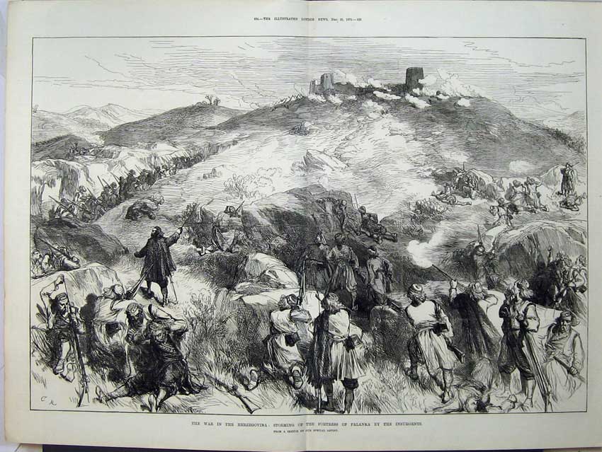 Original Old Antique Print 1875 War Herzegovina Storming Fortress Palanka Army