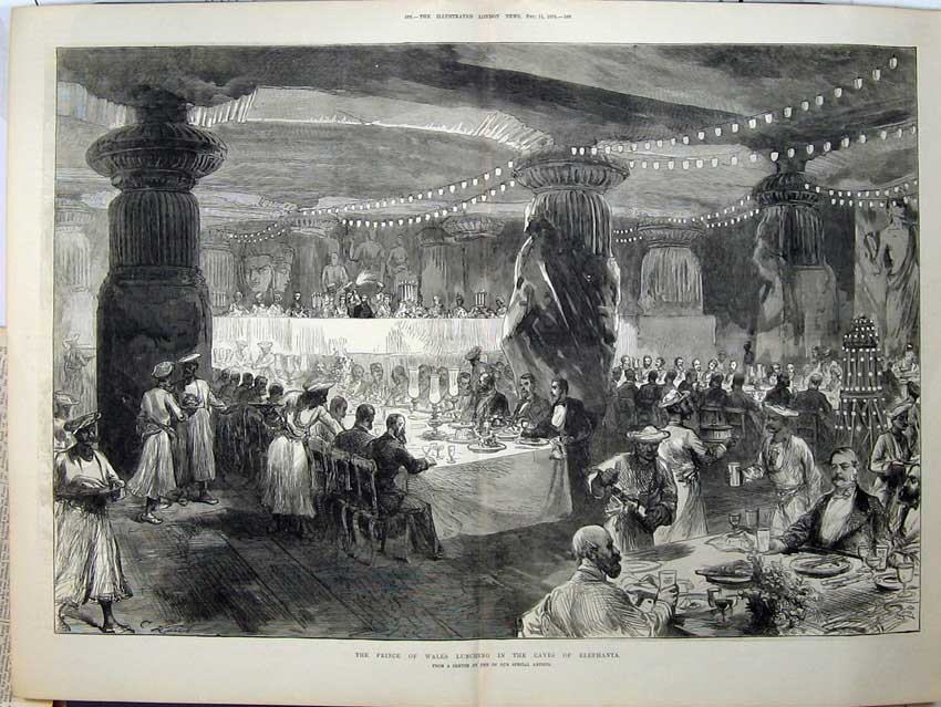 Old Antique Print 1875 Prince Wales Lunching Caves Elephanta Banquet Art 19th
